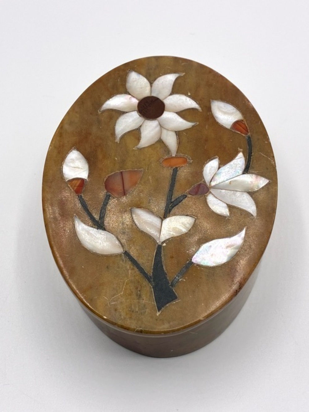 Vintage Oval Soapstone Trinket Box Mother Of Pearl Inlay Made in India